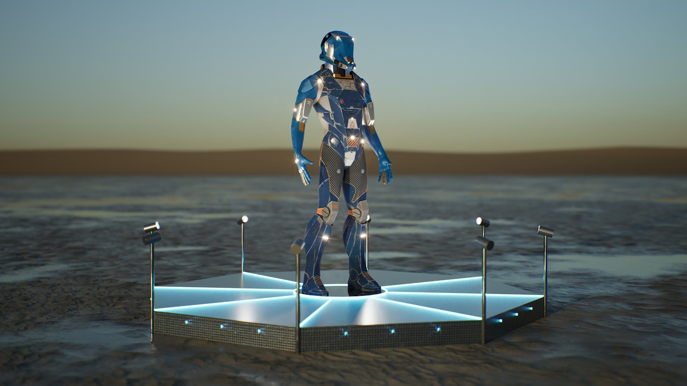 Hero Armor — full figure guardian render on the illuminated octagonal base