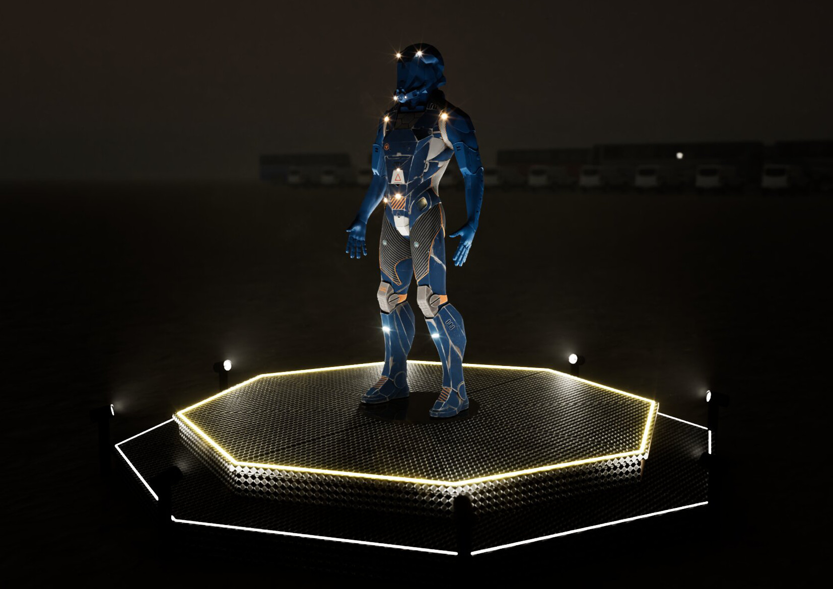 Hero Armor guardian sculpture concept — Ukrainian blue and yellow