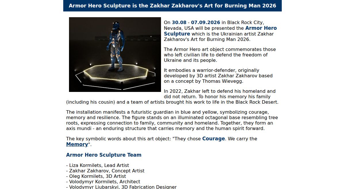 Armor Hero Sculpture is the Zakhar Zakharov's Art for ... — Hero Armor, Ukrainian memorial sculpture for Burning Man 2026